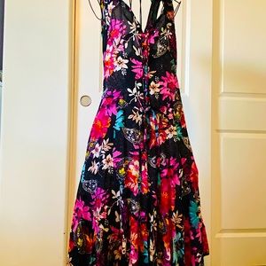 Vibrant drop waist floral print sundress.